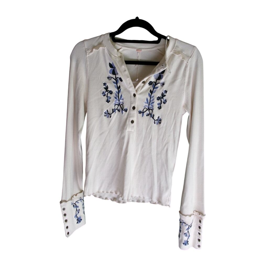 NWT Free People Embroidered Henley Top M Ivory Blue Floral Long Sleeve